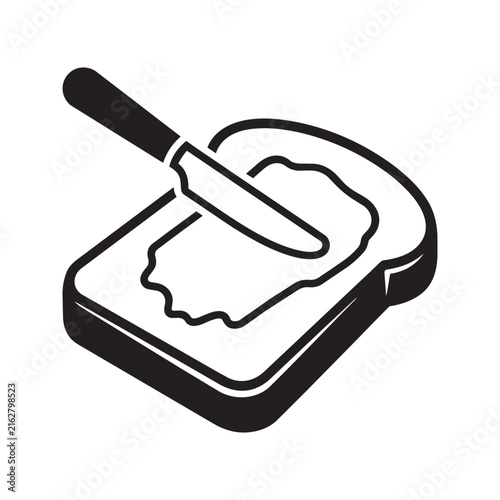 Black and white vector icon of butter spread on bread slice with knife