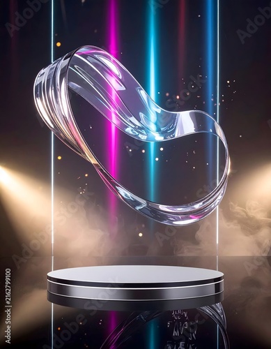 Black Friday & Cyber Monday:Futuristic abstract 3D object suspended above a podium, illuminated by vibrant neon lights and spotlights, creating a sense of mystery and innovation.