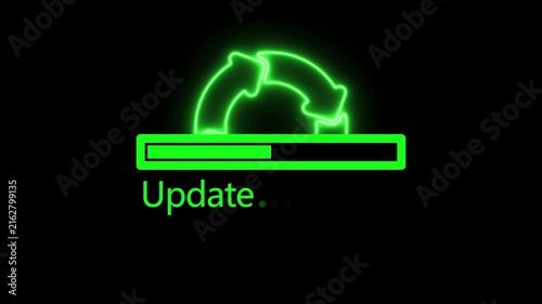 Neon green system update progress bar with rotating refresh on black background, loading
