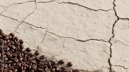 Roasted coffee beans arranged beside deep cracks in parched soil, representing drought-driven crop losses, coffee supply disruption, commodity inflation and rising consumer prices