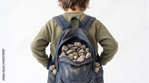 back view of a schoolboy carrying a blue backpack completely filled with heavy stones isolated on white background, school overload, heavy homework burden, child stress and emotional weight concept