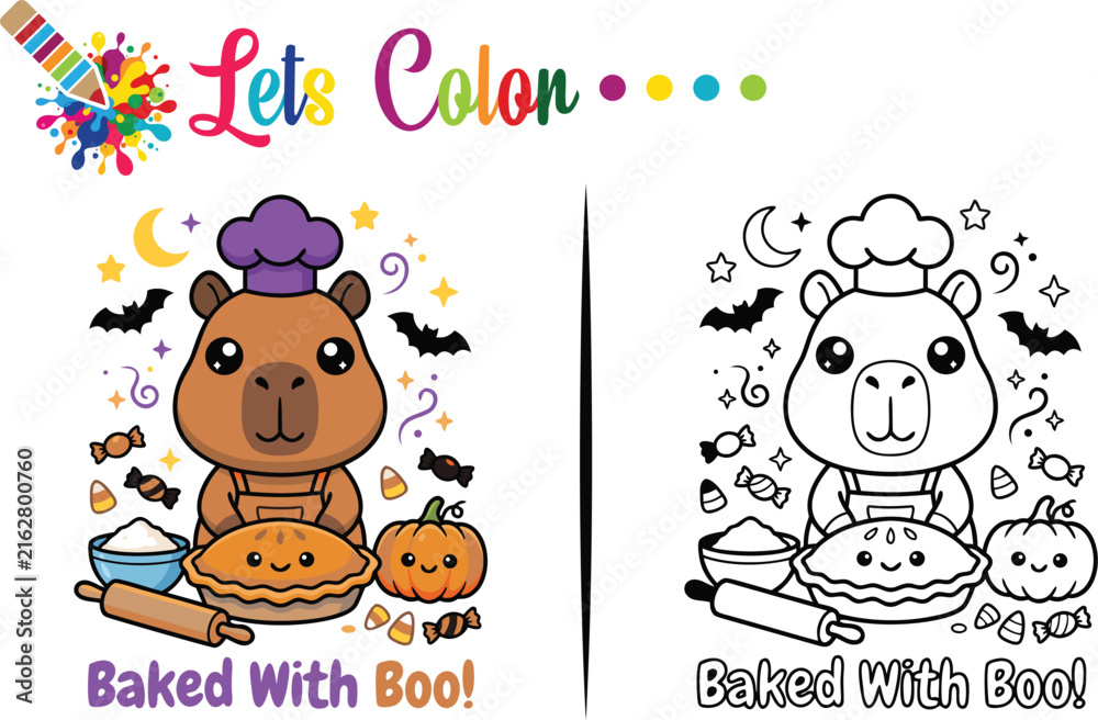 Naklejka premium Cute Halloween Capybara Baking Coloring Page with Pumpkin 
