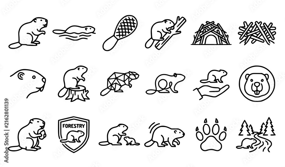 Obraz premium Beaver Wildlife and Forestry Management Icon Set Line Art Vector Illustration Pack for Nature Conservation and Wood Industry Design