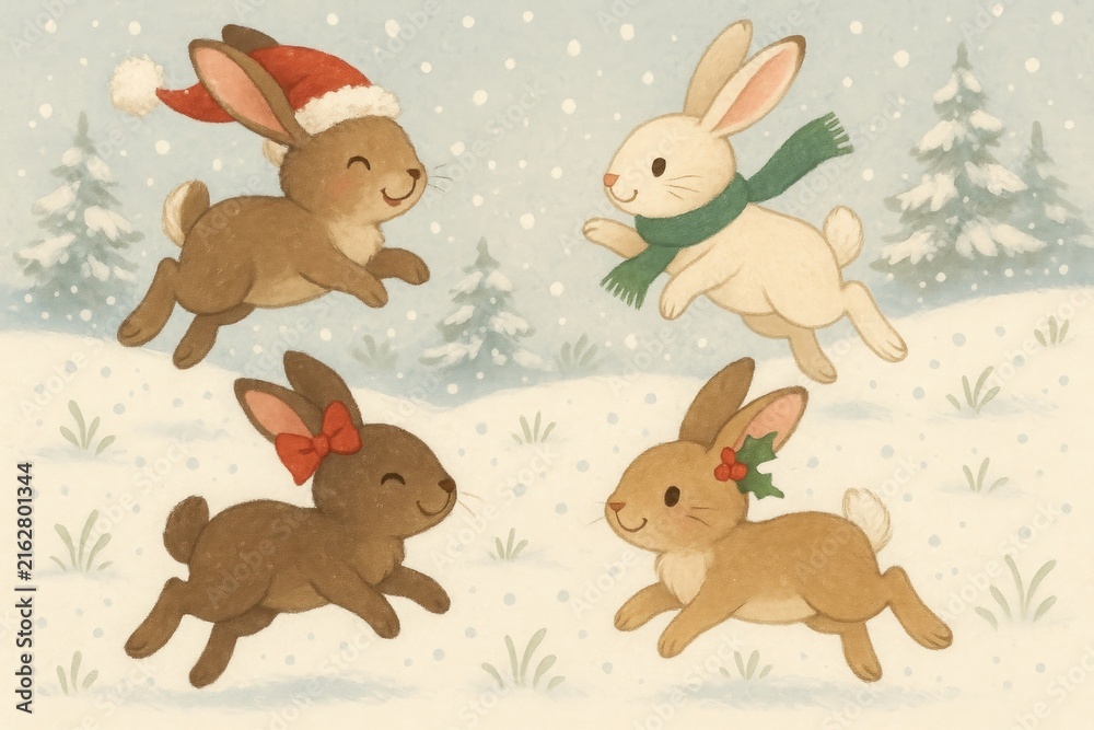 Naklejka premium Playful bunnies in snowy landscape.