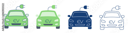 Electric Vehicle EV Car Icons Set with Cable Plug Line and Solid Green and Blue Auto Symbol Isolated on White Background