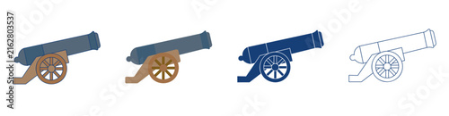 Vintage Artillery Cannon Icons Set with Color Solid and Line Style Isolated on White Background