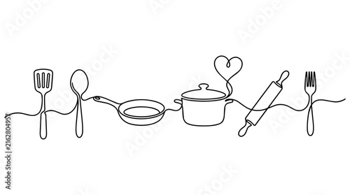 Kitchen Utensils Continuous Line Art Illustration