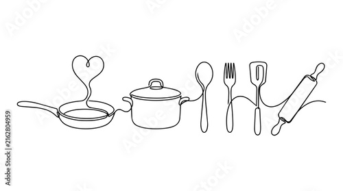 Kitchenware Cooking Utensils One Line Drawing Vector Illustration