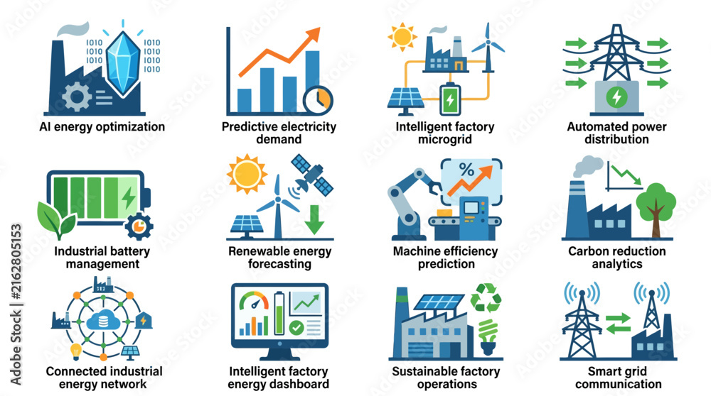 Fototapeta premium Industrial Energy Optimization and Smart Factory Icon Set