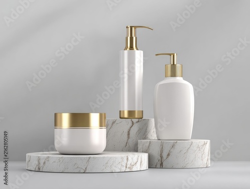 Three skincare product containers with gold accents sit on marble pedestals against a light gray backdrop with shadows