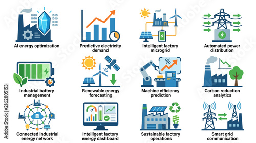 Industrial Energy Optimization and Smart Factory Icon Set