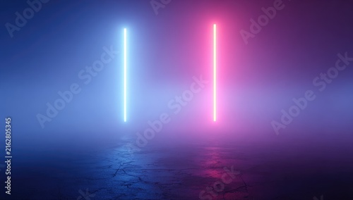 Two vertical neon lights, one cyan, one magenta, illuminate a reflective, cracked surface within a smoky, vaporous environment