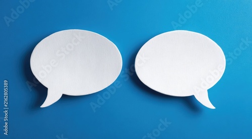 Two white speech bubbles, cut from paper, float atop a vibrant blue background, creating a visual dialogue. The shapes represent communication