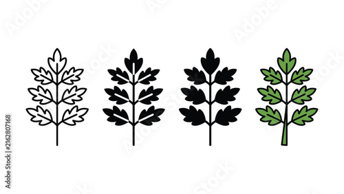 Set of four parsley leaf icons in various outline and flat styles