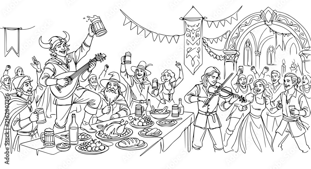 Naklejka premium Medieval Feast Celebration: Music, Dancing, and Merriment