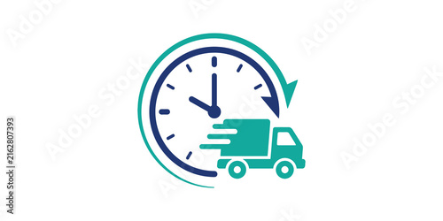 Obraz na płótnie Fast delivery truck with clock icon in blue and teal for shipping needs