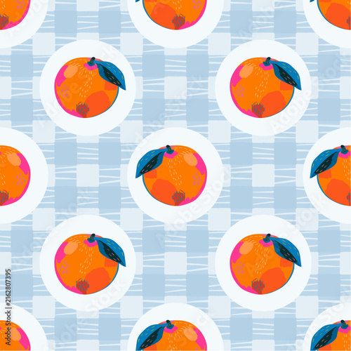 Hand drawn orange fruits pattern. Vector checkered print
