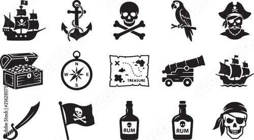Bild auf Leinwand Set of black and white pirate-themed including a galleon ship, anchor, skull and
