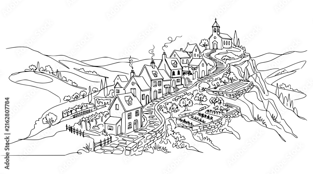Fototapeta premium Charming European Village on Hillside with Church, Isolated