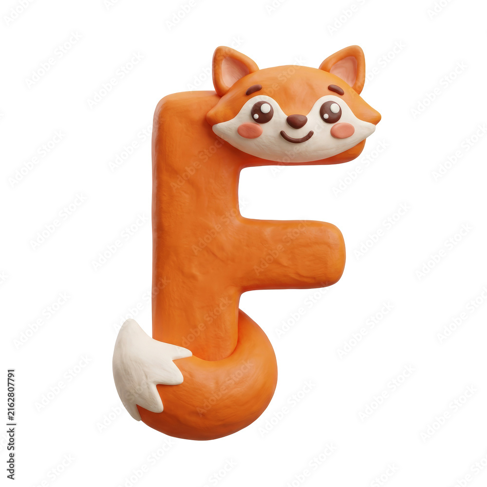 Naklejka premium Cute clay fox character forming letter F. This playful fox expresses joy and excitement, perfect for educational or creative projects. vibrant orange and white colors stand out
