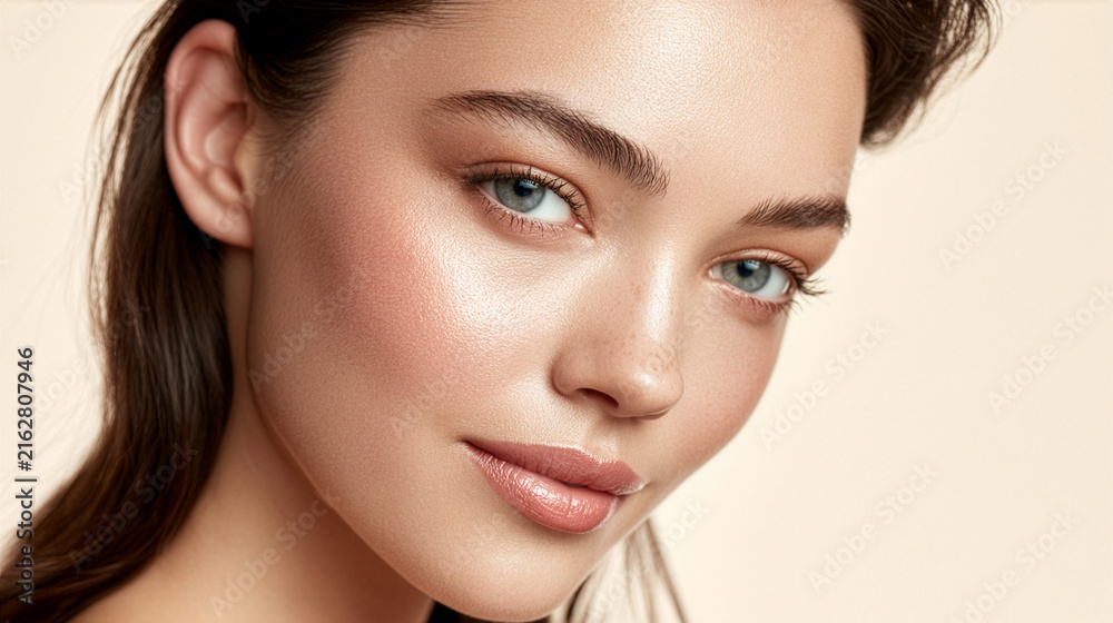 Fototapeta premium A premium beauty advertising portrait of a confident woman looking naturally toward the camera with exceptionally healthy luminous skin