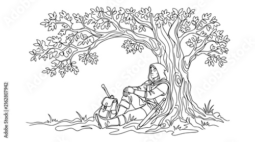 Fantasy adventurer resting under a large oak tree, sword and backpack nearby, isolated line art.