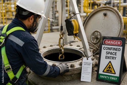 A worker wearing protective gear inspects a confined space entry site, highlighting safety protocols in industrial settings.