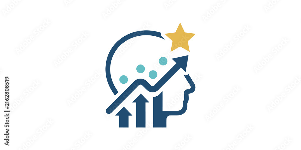 Naklejka premium Strategy growth icon with blue head profile and yellow star element.