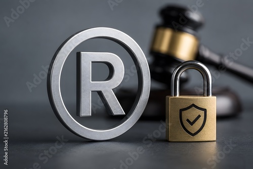 Trademark protection symbol with a padlock and a gavel for the concept of intellectual property law and security.