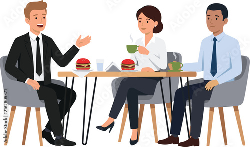 Corporate Colleagues Having Business Lunch Meeting at Cafe Restaurant Table Eating Burgers and Drinking Coffee Talking Strategy Vector Illustration