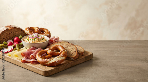Rustic appetizer platter with sliced sourdough bread, soft pretzels, savory dip, cured meats, cheese, and fresh radishes on a wooden board