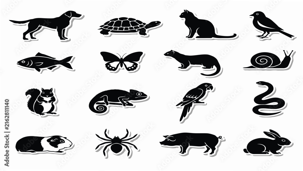 Fototapeta premium Domestic pets and wild garden animals black silhouette sticker set