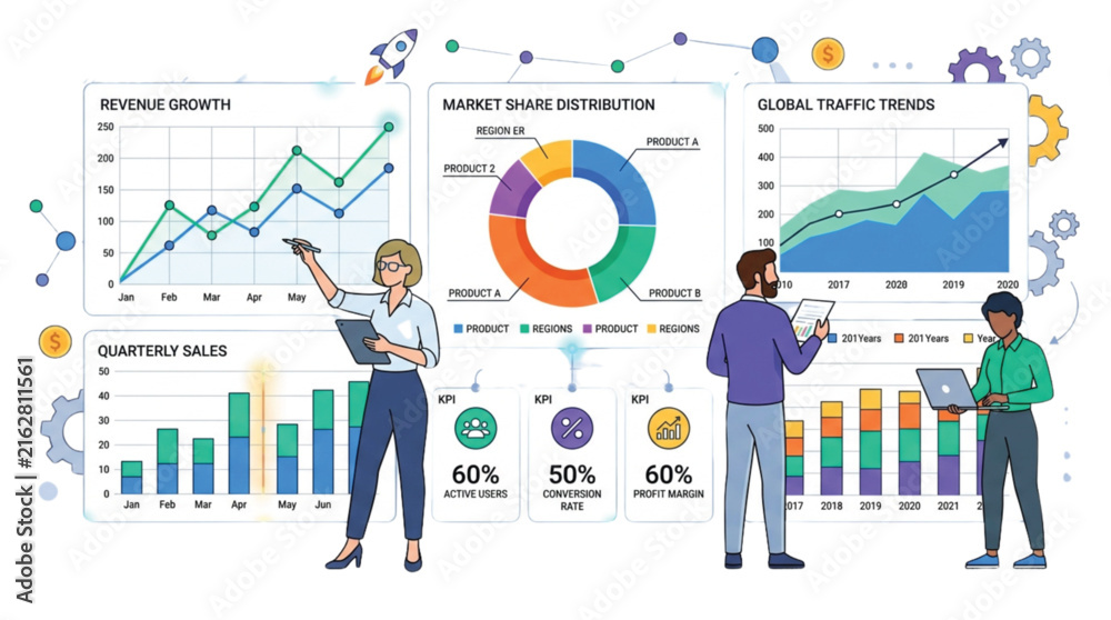 Obraz premium Business professionals analyzing corporate data and financial growth on a dashboard
