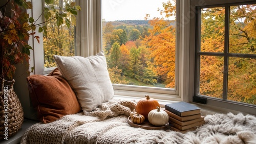 Cozy autumn window seat with pumpkins soft blanket books and colorful fall forest view from home interior
