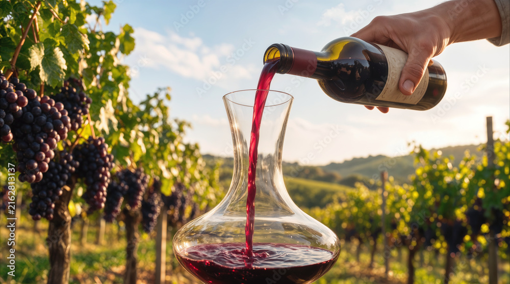 Naklejka premium Red wine pouring into glass decanter in sunlit vineyard. Winemaker serving beverage during harvest season at rural estate.
