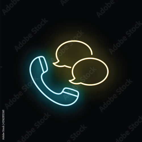 Neon telephone handset with glowing chat bubbles symbolizing communication