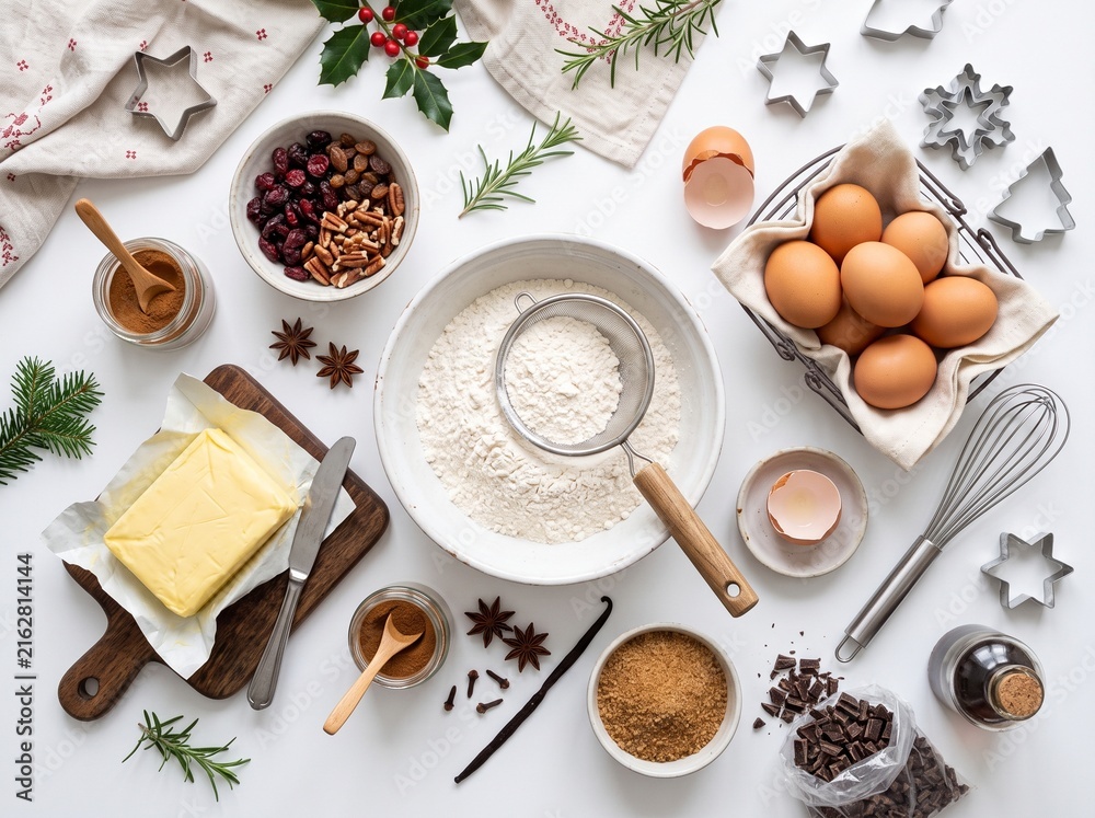 Naklejka premium Overhead view of Christmas baking ingredients and tools laid out