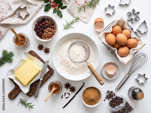 Overhead view of Christmas baking ingredients and tools laid out