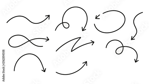 Hand Drawn Scribble Curved Arrow Pointer Set Vector Illustration
