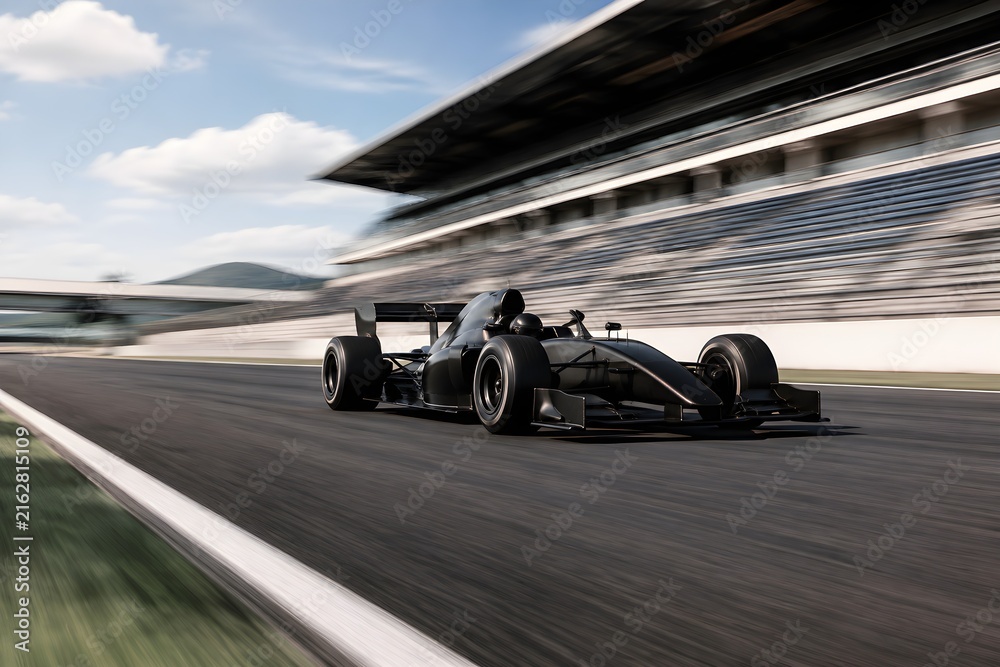 Fototapeta premium Race Car Speeding on Empty Track Creates Professional Motorsport Photography with Dynamic Motion Blur Energy
