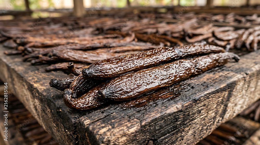 Fototapeta premium Vanilla bean pods drying on a wooden rack during traditional processing
