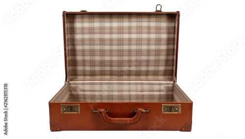Vintage brown leather suitcase opened with plaid fabric lining interior isolated on a solid black background view isolated on a transparent background