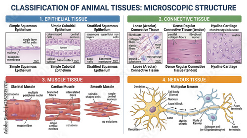 Classification of animal tissues microscopic structure educational chart diagram