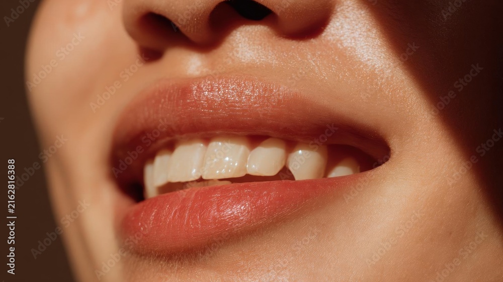 Obraz premium Close-up of a woman's mouth, showing her teeth. the focus is on her mouth, which is slightly open, and her lips are slightly parted. her teeth are white and appear to be healthy and well-groomed.