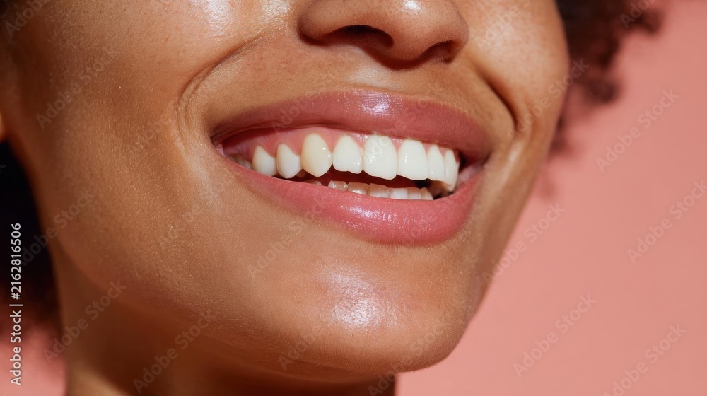 Fototapeta premium Close-up of a woman's mouth, showing her teeth. she is smiling widely, showing a set of white teeth that appear to be healthy and well-groomed.