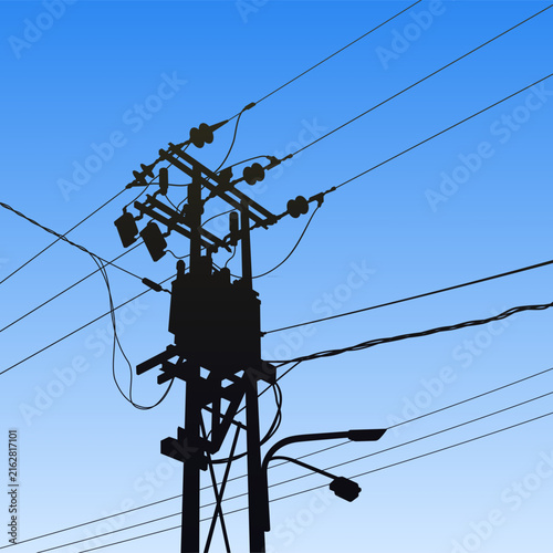 Power grid transformer and utility pole silhouette for electricity, energy, engineering, and industry.