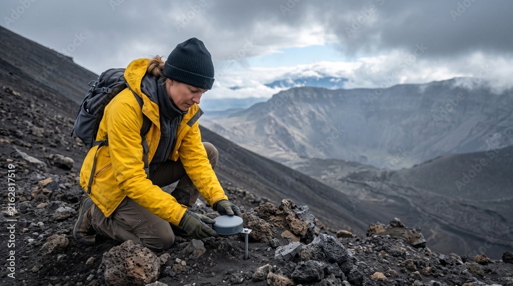 Fototapeta premium Scientist installs a ground sensor on a dormant cinder slope