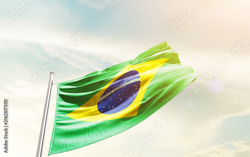 фотографія Brazil national flag waving in sky.