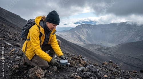 Scientist installs a ground sensor on a dormant cinder slope