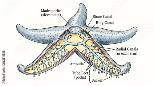 Starfish water vascular system and internal organ anatomy detailed scientific diagram